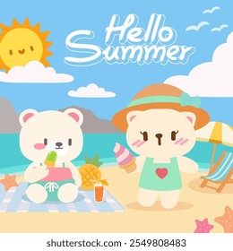 Adorable bear friends enjoying ice cream on the beach. A cheerful “Hello Summer” illustration featuring two adorable cartoon bears enjoying a sunny day at the beach.