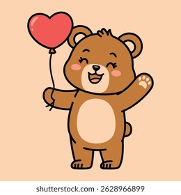 Urso adorável segurando um balão em forma de coração ilustração