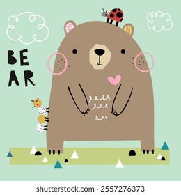 Adorable bear illustration featuring playful details like a ladybug and caterpillar on a pastel green background. kids' decor, cards, or educational projects.