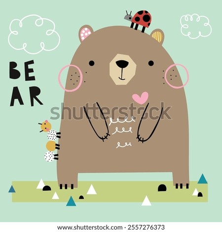 Adorable bear illustration featuring playful details like a ladybug and caterpillar on a pastel green background. kids' decor, cards, or educational projects.