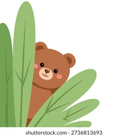 Adorable bear looking through green leaves isolated vector illustration on white background