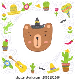 Oso adorable en marco de estilo mexicano, ilustración vectorial al estilo mexicano para tarjetas, impresiones, afiches y otros diseños
