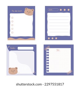 Adorable bear notepad collection, cute hand drawn notebook label, Memo Pad, purple notepad, to do list note pad, sticky tape