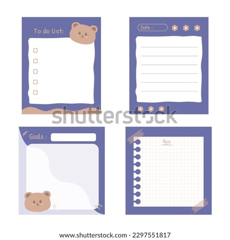 Adorable bear notepad collection, cute hand drawn notebook label, Memo Pad, purple notepad, to do list note pad, sticky tape