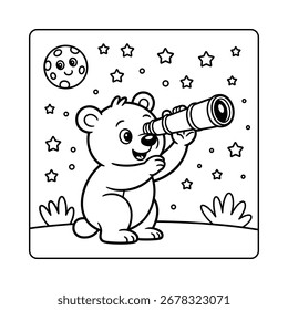 Oso adorable que observa la luna y las estrellas con el cielo nocturno del telescopio