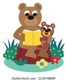 Adorable bear reads to his child in the woods