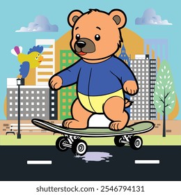Adorable Bear Riding a Skateboard on a Busy Urban Street