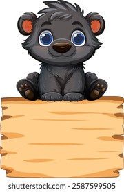 Adorable bear sitting atop a blank wooden sign