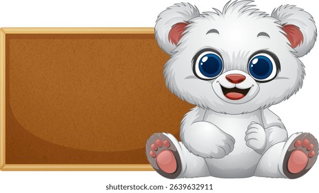 Adorable bear sitting beside an empty chalkboard