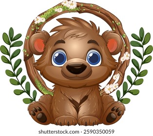 Adorable bear surrounded by flowers and leaves