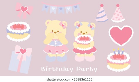 Adorable bears celebrate a pink strawberry cake birthday party. This kawaii illustration features fun decorations and gifts, Ideal for children's cards and party invitations.