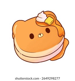Adorable bear-shaped pancake with syrup, butter, and cream on top. Perfect for breakfast illustrations, kawaii food art, or children's menu design.