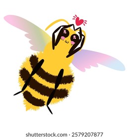 Adorable Bee character with rainbow-tinted wings flying and holding heart. Romantic, fluffy and cute cartoon Bee. Whimsical and stylized isolated vector illustration