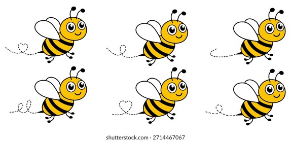 Adorable colección de abejas con rutas de vuelo punteadas. Lindos personajes de abejas melíferas zumbando felizmente. Ilustración vectorial aislada en blanco.