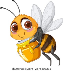 Adorable bee holding a dripping honey jar