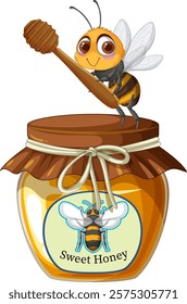 Adorable bee holding a honey dipper on jar