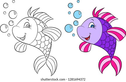 Adorable before and after illustration of a beautiful little purple fish, smiling, with bubbles, in color and in black and white, perfect for children's coloring book or coloring game