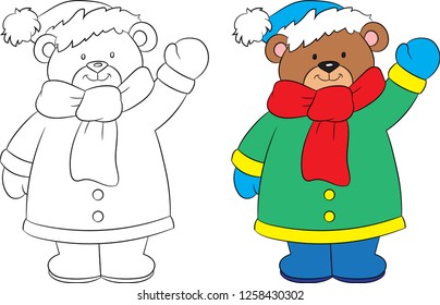 Adorable before and after illustration of a pretty little bear, dressed for winter, with jacket, boots, scarf, gloves and hat, beautifully drawn, black and white and color for children's coloring book