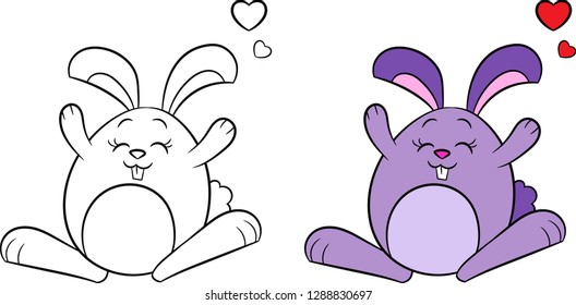 Adorable before and after kawaii illustration of a cute little purple baby rabbit, with hearts, contour and color, perfect for children's coloring book or Valentine's Day card or Easter card