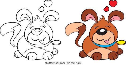 Adorable before and after kawaii illustration of a cute little dog, with hearts over his head, in color and in black and white, perfect for children's coloring book or Valentine's Day card