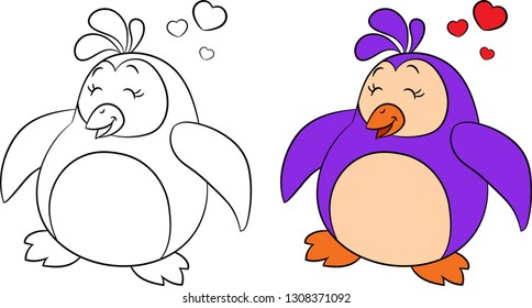 Adorable before and after kawaii illustration of a cute little penguin, with hearts over his head, in contour and in color, perfect for children's coloring book or Valentine's Day card