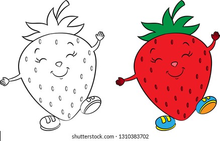 Adorable before and after kawaii illustration of a cute little strawberry, with shoes, happy, in color and in contour, perfect for children's coloring book or coloring game