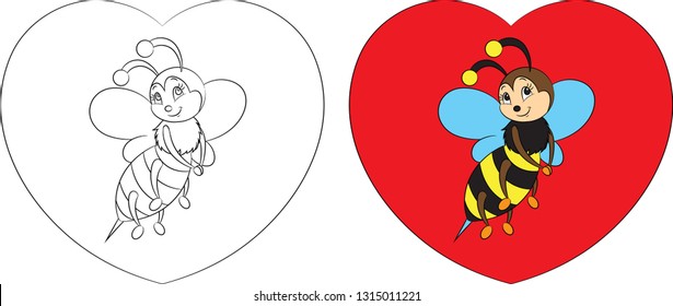 Adorable before and after kawaii illustration of a cute little bee on a heart background, in color and in contour, perfect for children's coloring book or Valentine's Day card