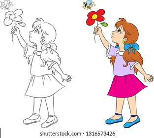 Adorable before and after kawaii illustration of a cute little girl, showing a flower to a little bee, awareness, save the bees, in color and in contour, for children's coloring book or coloring game