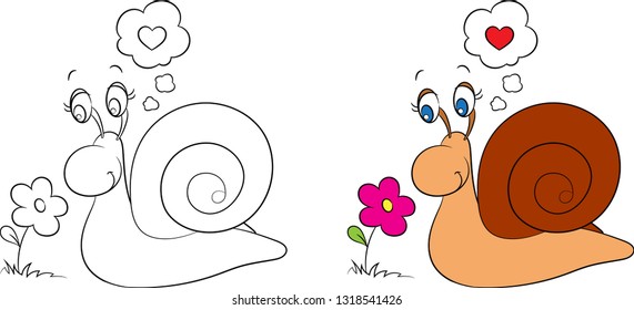 Adorable before and after kawaii illustration of a pretty little snail, looking at a flower, with a heart over its head, in contour and in color, for children's coloring book or Valentine's Day card