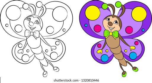 Adorable before and after kawaii illustration of a cute little butterfly, smiling and flying, in contour and in color, perfect for children's coloring book or coloring game