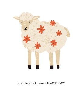 Adorable beige baby lamb decorated with flowers. Cute fluffy sheep isolated on white background. Woolly farm domestic animal. Hand drawn flat textured vector illustration