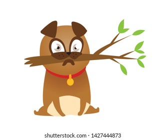 Adorable beige Pug puppie with branch. Humor print vector illustration.