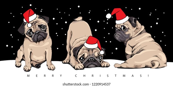 Adorable beige puppies Pugs in a red Santa's cap at a snow night. Christmas and New Year card composition, handmade vector illustration.