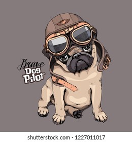 Adorable cachorro beige Pug en un casco de aviador. Piloto de perro valiente - cita con letras. Tarjeta de humor, composición en pantalones, impresión a mano. Ilustración vectorial.