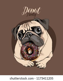 Adorable beige puppy Pug with a chocolate donut on a brown background. Humor card, t-shirt composition, hand drawn style print. Vector illustration.