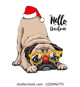 Adorable cachorro beige Pug en un vaso y con una gorra roja de Santa. Tarjeta de humor Navidad y Año Nuevo, composición en pantalones t, ilustración vectorial hecha a mano.