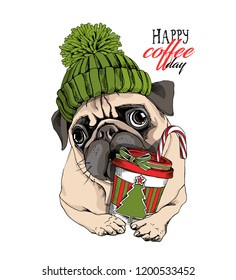 Adorable beige puppy Pug in a green knitted hat and with a plastic cup. Happy coffee day - lettering quote. New Year card, t-shirt composition, handmade vector illustration.