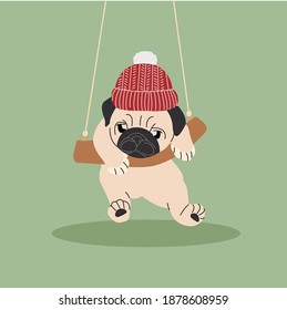 Adorable beige puppy Pug with hat. new year greetings card, t-shirt compotition. vector illustration 