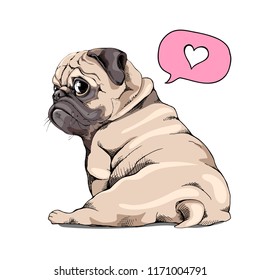 Adorable beige puppy Pug. Humor card, t-shirt composition, hand drawn style print. Vector illustration.