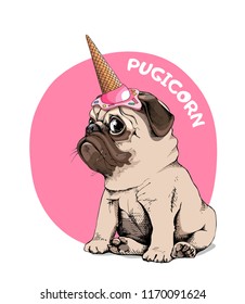 Adorable beige puppy Pug in a ice cream party cap on a pink background. Pugicorn - lettering quote. Humor card, t-shirt composition, hand drawn style print. Vector illustration.