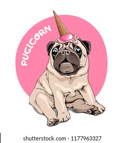 Adorable beige puppy Pug in a ice cream party cap on a pink background. Pugicorn - lettering quote. Humor card, t-shirt composition, hand drawn style print. Vector illustration.