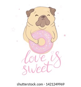 Adorable beige puppy Pug with a pink donut. Vector illustration.