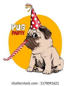 Adorable beige puppy Pug in a red party cap with a whistle blowing on a yellow background. Humor card, t-shirt composition, hand drawn style print. Vector illustration.