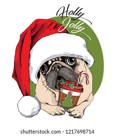 Adorable beige puppy Pug in a red Santa's cap and with a cup of coffee. Holly Jolly - lettering quote. Christmas and New Year card, t-shirt composition, handmade vector illustration.