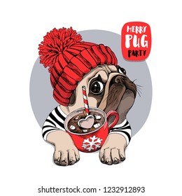 Adorable beige puppy Pug in a red knitted hat and with a cup of coffee. Merry pug party - lettering quote. Christmas and New Year card, t-shirt composition, handmade vector illustration.