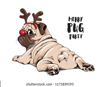 Adorable beige puppy Pug in a Santa's deer mask. Merry pug party - lettering quote. Christmas and New Year card, t-shirt composition, handmade vector illustration.