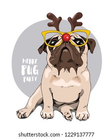 Adorable beige puppy Pug in a Santa's deer mask. Merry pug party - lettering quote. Christmas and New Year card, t-shirt composition, handmade vector illustration.