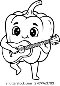 Adorable personaje de pimiento morrón tocando una guitarra acústica. Diversión, mascota vegetal feliz en estilo de Vector de arte de línea en blanco y negro, perfecto para páginas para colorear para niños, hojas de actividad imprimibles, educativo