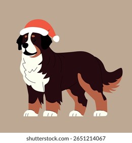 Adorable Bernese Mountain Dog wearing a red Santa hat. Festive cartoon illustration on beige background. Perfect for Christmas cards, winter pet designs, and holiday themed decor. Vector illustration