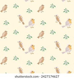 Adorable bird with floral elements - seamless minimalistic pattern. Vector illustration can use for wallpaper, poster, print. 